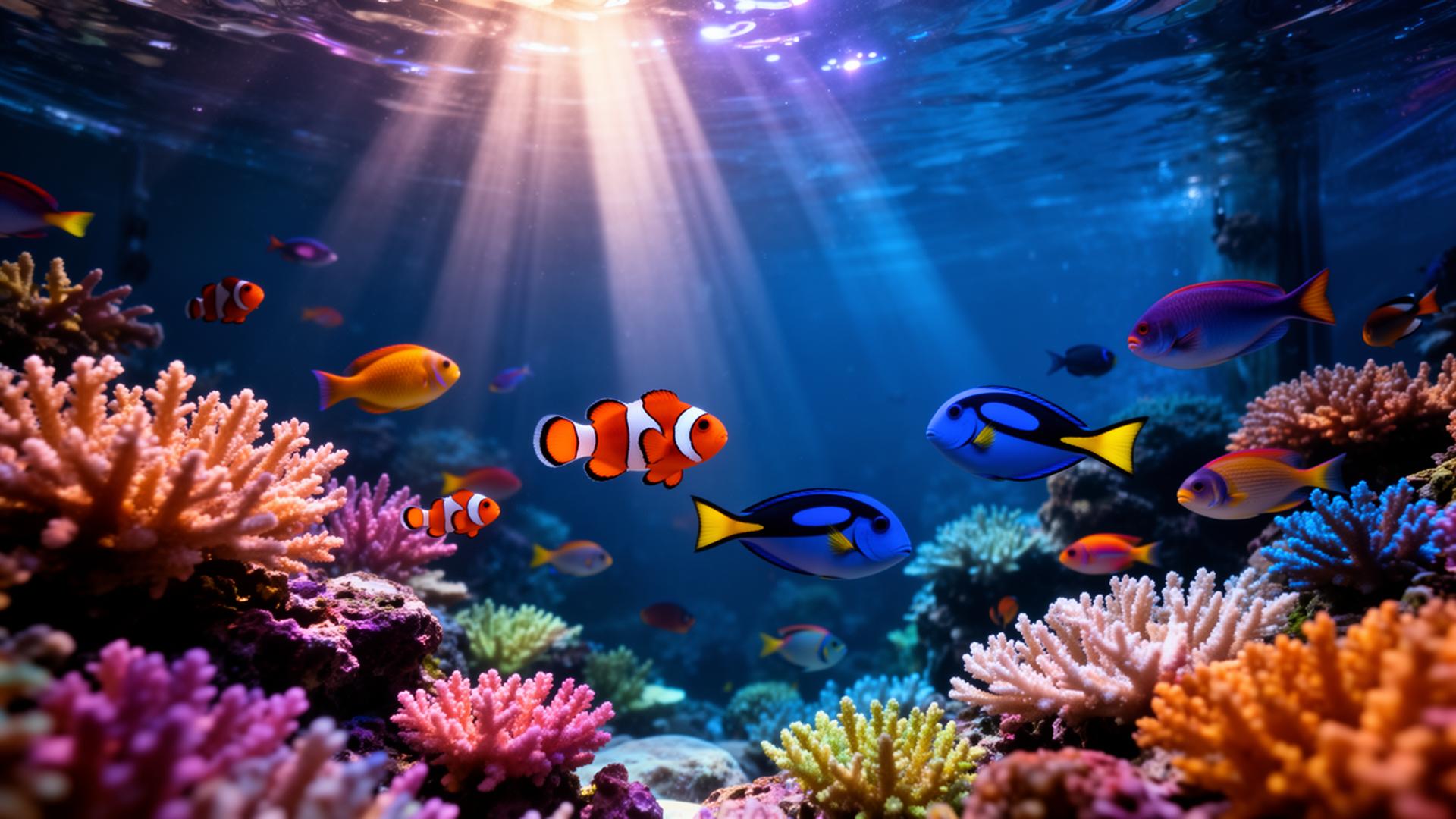 Recife de coral com peixes tropicais